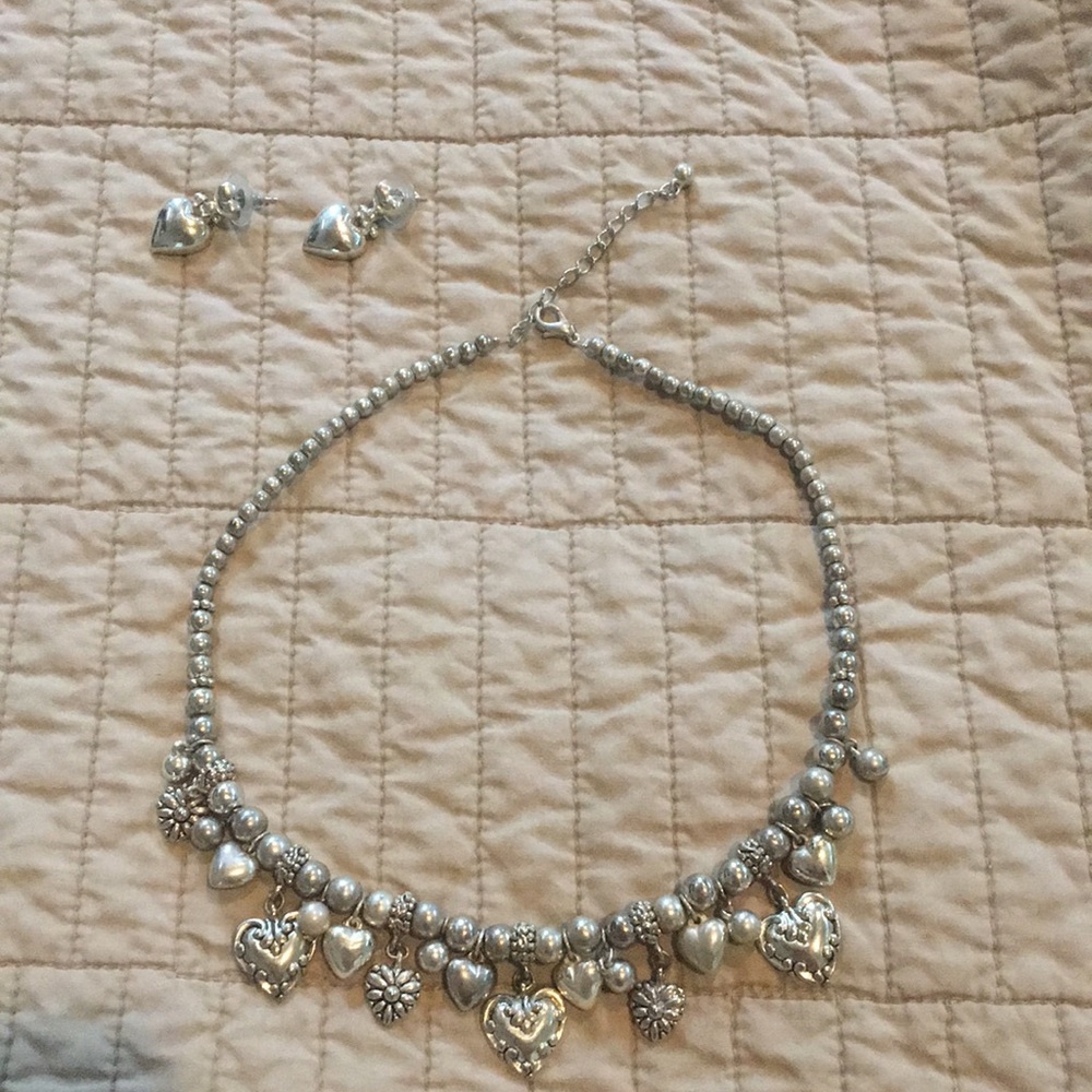 Silver heart necklace and earring set